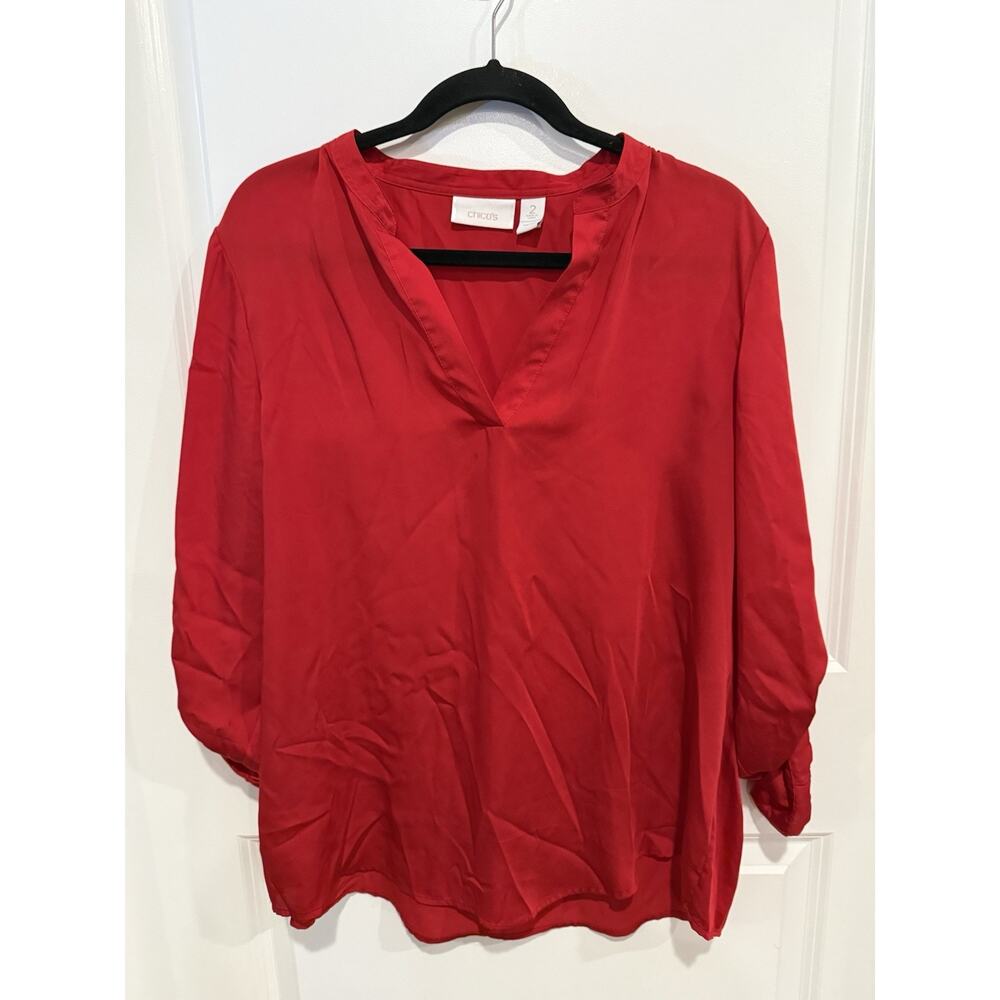 Chicos Blouse Sz 2 Large Womens Red Roll Tab Poly Long Sleeve Shirt Top